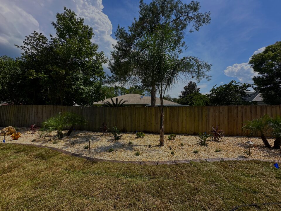 Newly planted backyard landscape bed with young shrubs and decorative rock at a Palm Coast, FL home