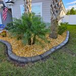 Decorative concrete curbing around a palm and river rock landscape bed in Palm Coast, FL