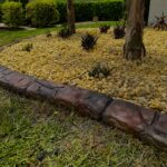 Curved stamped concrete curbing around a compact rock bed with bromeliads and palms at a Palm Coast, FL home